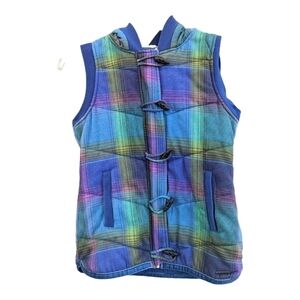 𝅺Roxy Quilted Plaid Vest with Sherpa lined hood Size Small GUC